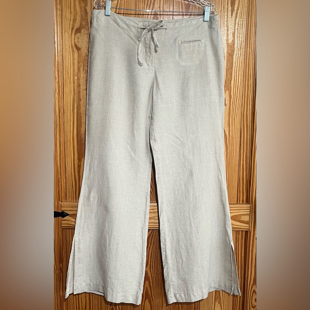 Express 100% Linen Women’s Wide Leg Drawstring Pants Beige Mid Rise Side Slits